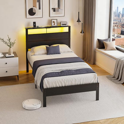 Twin Bed Frame with LED Lights & USB Charging Station, Black Metal Platform Bed with Storage Headboard, Under-Bed Space, Noise-Free & Sturdy, No Box Spring Needed, Easy Assembly