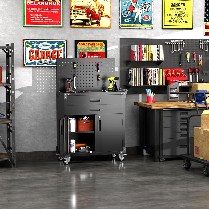 Tool Cart with Wheels and 2 Drawers, Metal Garage Storage Cabinet with Lockable Doors, Pegboard and 4 Hooks for Garage, Workshop, Tool Chest, Heavy Duty Work Bench, Black, Assembly Required