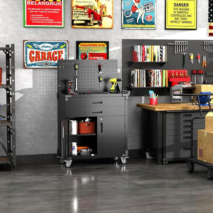 Tool Cart with Wheels and 2 Drawers, Metal Garage Storage Cabinet with Lockable Doors, Pegboard and 4 Hooks for Garage, Workshop, Tool Chest, Heavy Duty Work Bench, Black, Assembly Required