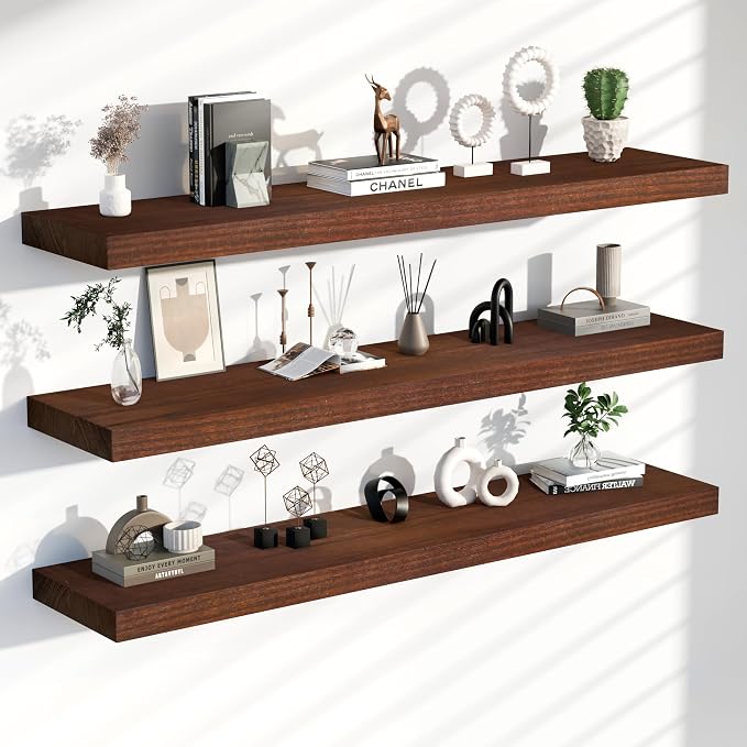 60 Inch Floating Shelves for Wall, Set of 3 Solid Real Wood Wall Shelves, Extra Long Heavy Duty Wall Mount Shelf for Living Room, Bedroom & Kitchen, Walnut Finish (60" W x 6.7" D)