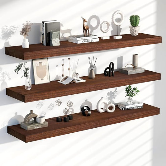 60 Inch Floating Shelves for Wall, Set of 3 Solid Real Wood Wall Shelves, Extra Long Heavy Duty Wall Mount Shelf for Living Room, Bedroom & Kitchen, Walnut Finish (60" W x 6.7" D)