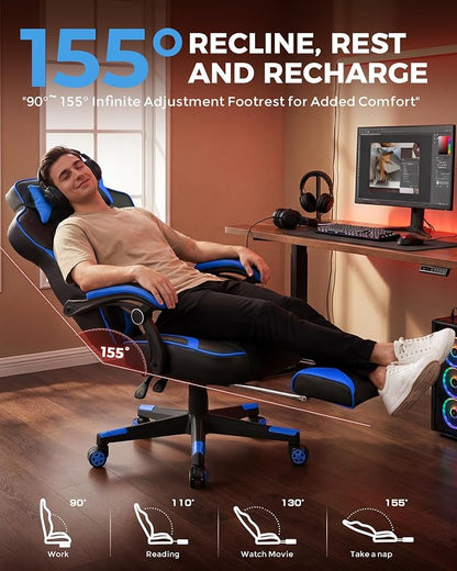 GTPLAYER Gaming Chair with Footrest, Big and Tall Game Chair 350lb Racing Style Computer Chair, Ergonomic Executive Office Chair High Back with Lumbar Support and Recliner, Blue