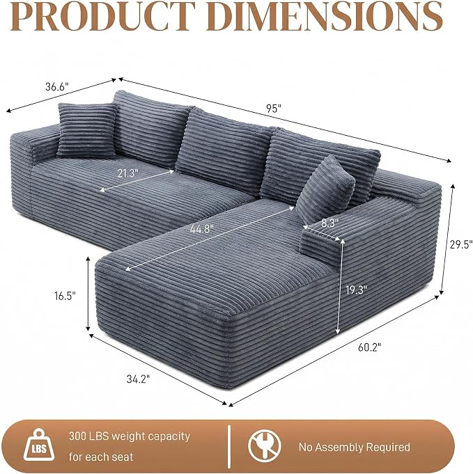95" L Shaped Cloud Boneless Sectional Couches for Living Room, Modern Comfy Modular Deep Seat Memory Foam Compressed Corduroy Sofa Oversized Right Facing Chaise, No Assembly Required, Grey