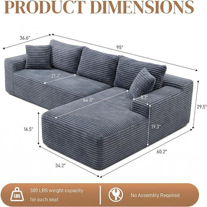 95" L Shaped Cloud Boneless Sectional Couches for Living Room, Modern Comfy Modular Deep Seat Memory Foam Compressed Corduroy Sofa Oversized Right Facing Chaise, No Assembly Required, Grey
