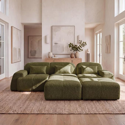 118'' Modular Sectional Cloud Couch Boneless Couches, Oversize Curved Sectional Couches for Living Room, Deep Seat Couch Lambswool Sofa with Ottoman & Throw Pillows, No Assembly, HR Foam