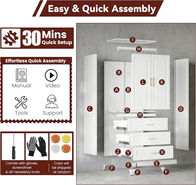 Metal Armoire Wardrobe Closet with Hanging Rod, 71" Tall Wardrobe Cabinet with Doors and 3 Drawers, Clothing Storage Cabinets for Bedroom