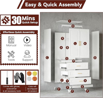 Metal Armoire Wardrobe Closet with Hanging Rod, 71" Tall Wardrobe Cabinet with Doors and 3 Drawers, Clothing Storage Cabinets for Bedroom