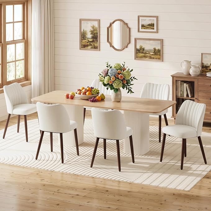 Upholstered Dining Chairs Set of 6, Modern Fabric Dining Chairs with Curved Backrest & Solid Rubber Wood Legs, Padded Kitchen Dining Room Chairs for Restaurant Cafe, Beige