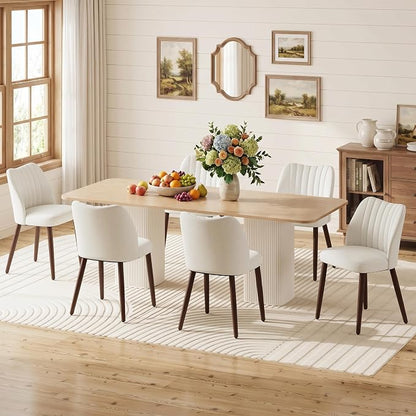 Upholstered Dining Chairs Set of 6, Modern Fabric Dining Chairs with Curved Backrest & Solid Rubber Wood Legs, Padded Kitchen Dining Room Chairs for Restaurant Cafe, Beige