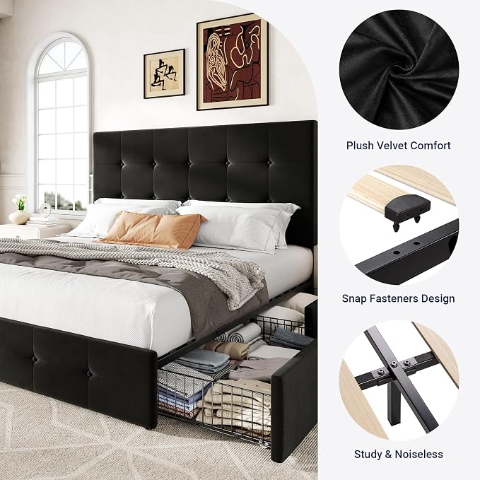 Allewie Upholstered Queen Size Platform Bed Frame with 4 Storage Drawers and Adjustable Headboard, Square Button Tufted, Wooden Slats Support, Noise-Free, No Box Spring Needed, Easy Assembly, Black