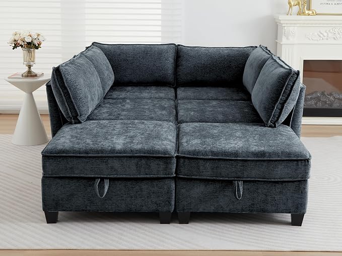 ORRD Sleeper Modular Sectional Sofa Set, Convertible Couch Bed with Storage, 6 Seater and 4 Armrestes Sofa Modular for Living Room, Office (Blue Grey)