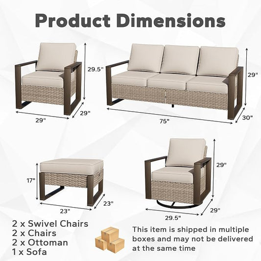 Joyside Outdoor Patio Chairs, 8 Pieces Wicker Rattan Furniture Set, 4 Patio Chairs, 1 Sofa, 2 Ottoman and 1 Table, Metal Wide Armrest, Thick Cushions and Deep Seating for Garden, Backyard, Porch