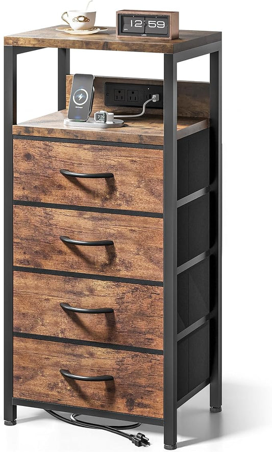 Lazzanto NightStand Bedside Charging Table Bedroom - Night Stand with Charger Station, Modern Nightstand with Open Shelf & 4 Fabric Drawers, Bed Side Table with USB-C USB Ports & AC Outlets for Dorm