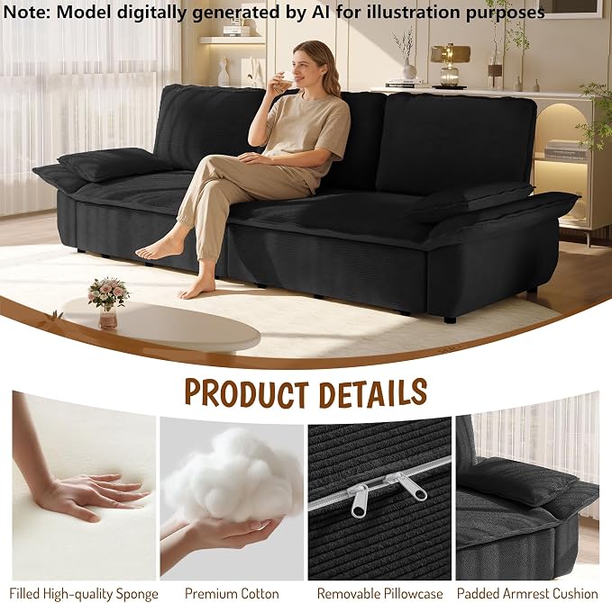 94.5'' Sleeper Sofa Bed King Size, Modern Corduroy Pull Out Couch, 3-in-1 Convertible Futon Sofa, 3 Seater Couches, Cloud Recliner, Pillow Arm, for Living Room, Apartment, Offices, Black