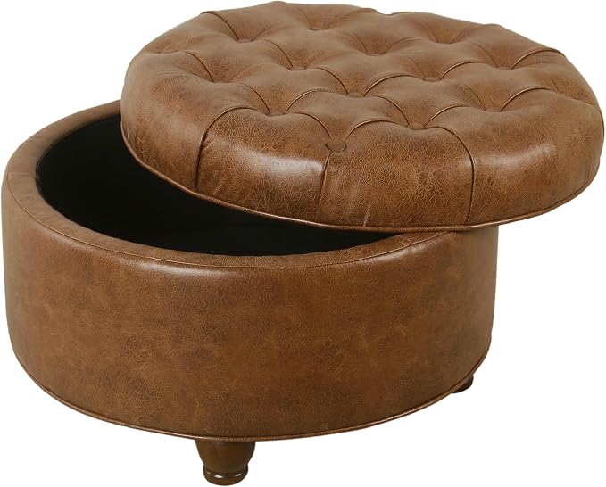 HomePop 25" Button Tufted Round Storage Ottoman - Brown Faux Leather