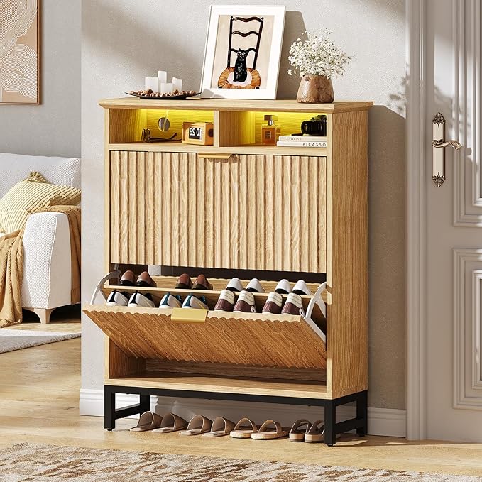Fluted Shoe Storage Cabinet with 2 Flip Drawers, 31.5" Narrow Shoe Organizer Cabinet with LED Light, Slim Freestanding Shoe Rack Cabinet, Wooden Hidden Shoe Cabinet for Entryway, Hallway(Natural Oak)