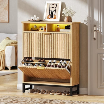 Fluted Shoe Storage Cabinet with 2 Flip Drawers, 31.5" Narrow Shoe Organizer Cabinet with LED Light, Slim Freestanding Shoe Rack Cabinet, Wooden Hidden Shoe Cabinet for Entryway, Hallway(Natural Oak)
