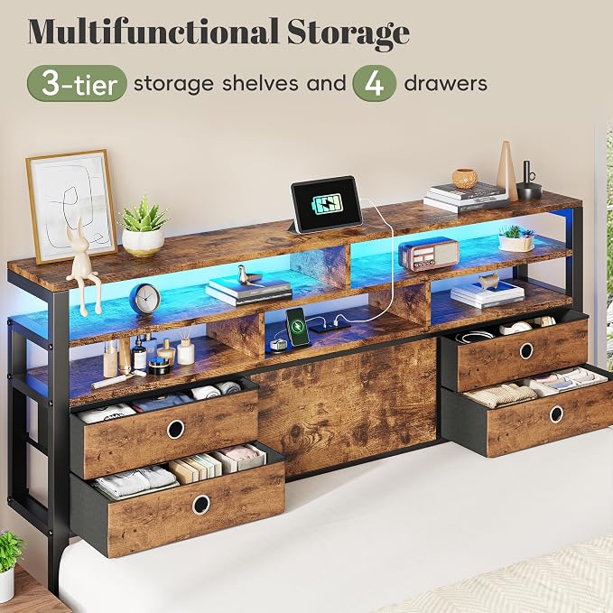 Homkdom King Bed Frame with 3-Tier Storage Headboard & 4 Fabric Drawers, Metal Platform Bed Frame with LED Light & Charging Station,Noise-Free,No Box Spring Needed,Easy Assembly,Rustic Brown
