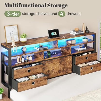 Homkdom King Bed Frame with 3-Tier Storage Headboard & 4 Fabric Drawers, Metal Platform Bed Frame with LED Light & Charging Station,Noise-Free,No Box Spring Needed,Easy Assembly,Rustic Brown