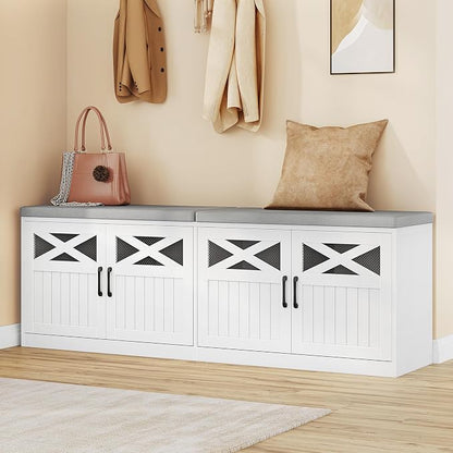 Hzuaneri 2 Tier Shoe Storage Bench with Doors, 59" Farmhouse Shoe Bench with Padded Cushion, 12-16 Pairs of Bed End Bench, Entryway Bench with Storage for Bedroom, Living Room, White SB61503X