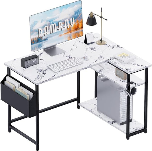 Pamray 40 Inch L Shaped Computer Desk with Reversible Side Storage Shelves, Small Corner Desk for Small Space Home Office, Writing Study Table PC Desk for Bedroom, Marble
