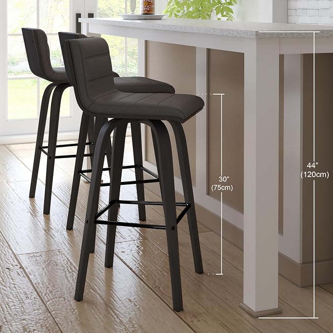 Armen Living Vienna Modern Swivel 30" Bar Height Barstool with Gray Faux Leather and Black Wood Finish