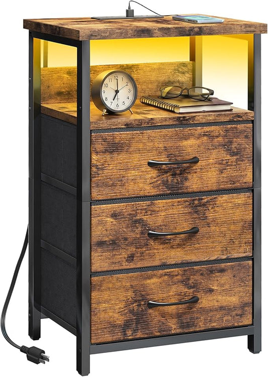 Fixwal Night Stand with Charging Station, LED Nightstand with Fabric Drawers, End Table with PU Finish, Bed Side Table, Rustic Brown
