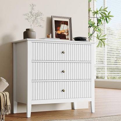 RoyalCraft 32" Large Nightstand, Fluted Painted Bedside Table with 3 Spacious Drawers, Modern Tall End Table for Bedroom, White