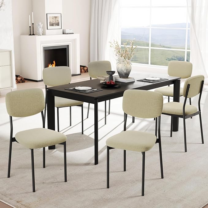 Einhomn Upholstered Dining Chairs Set, Modern Stackable Dining Room Chairs with Soft Velvet Backrest, Kitchen Chairs with Sturdy Metal Legs for Living Room, Restaurant, Set of 6,Beige Linen
