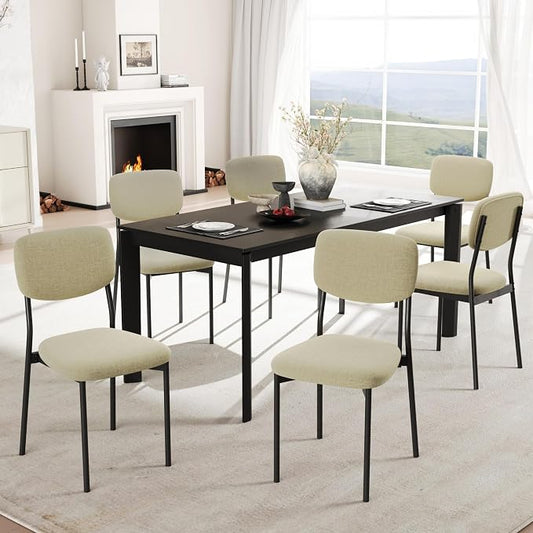 Einhomn Upholstered Dining Chairs Set, Modern Stackable Dining Room Chairs with Soft Velvet Backrest, Kitchen Chairs with Sturdy Metal Legs for Living Room, Restaurant, Set of 6,Beige Linen