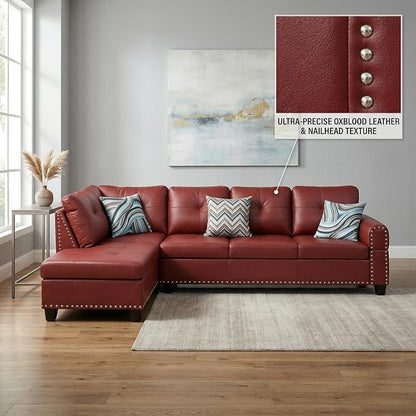 L-Shaped Sectional Sofa, Modern 4-Seat Couch with Built-in Cup Holders, Leather Sectional Couch with Left Facing Chaise for Living Room, Apartment, Office, Red