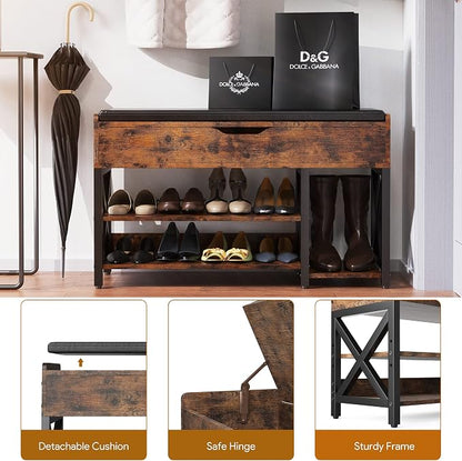 Shoe Bench, Lift Top Shoe Storage Bench, Adjustable Shelf Entryway Bench, Metal and Wood Shoe Rack Organizer with Cushion for Entry, Bedroom, Closet, Living Room, Hallway (Brown, 35.5“W)