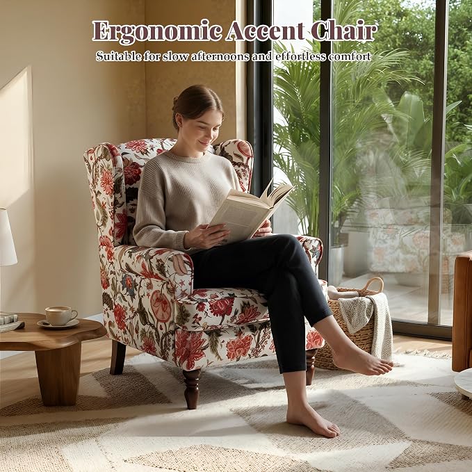 EROMMY Floral Accent Chair, Comfortable High Back Upholstered Armchair with Solid Wood Legs, Leisure Single Sofa Chair for Living Room, Bedroom, Home Office, Red Floral