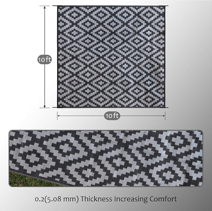 SAND MINE Waterproof Outdoor Rug, Plastic Reversible Rug, Modern Area Rug, Large Floor Mat for Outdoors, RV, Patio, Backyard, Deck, Picnic, Beach, Camping (10' x 10', Black Grey Lattice)