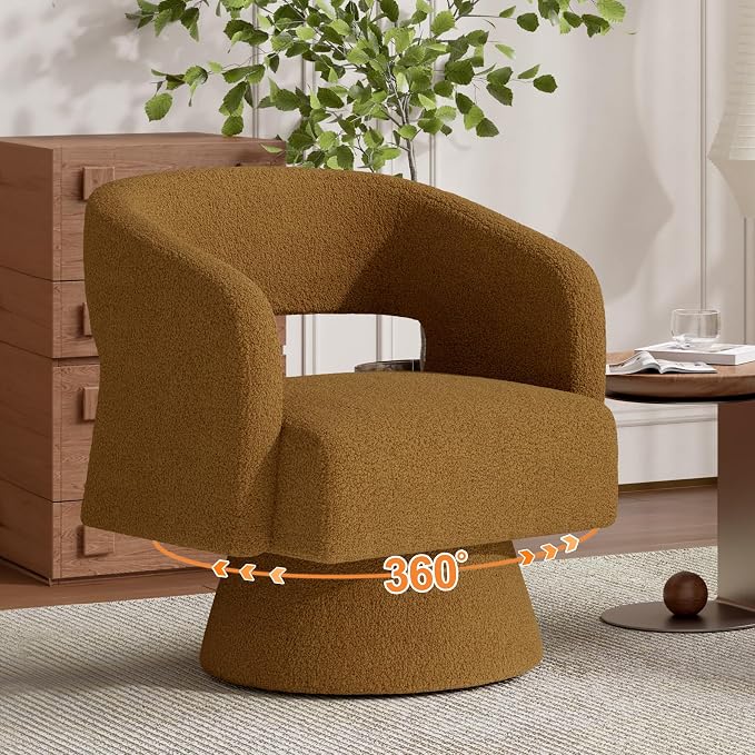 Luxanimarion Swivel Barrel Accent Chair,Oversized Teddy Upholstered Round Swivel Chair,Modern Luxury 360 Degree Living Room Vanity Chair for Bedroom Office,Brown,4PCS