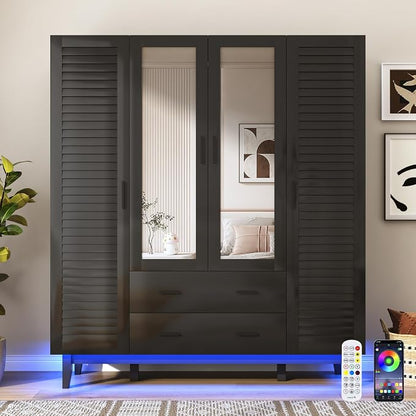 jiteentarou 4 Door Armoire Wardrobe Closet Cabinet with Drawers and LED Lights, Multi-Tier Shelves, Hanging Rod & Louver Doors, Large Capacity Storage Wardrobe Armoire for Bedroom(4 Doors Black)