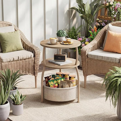 Round Side Table with Storage Basket, End Table Living Room | 3-Tier Bedside Table, Corner Table for Small Room, Bedroom, Garden, 15.75in Couch Side Table with Cat Bed, Accent Table