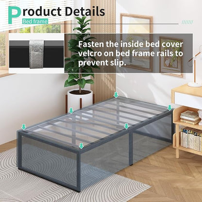 Lutown-Teen 18 Inch Twin XL Bed Frames with Fabric Bed Cover, Heavy Duty Sturdy Metal XL Twin Platform Bed Frame No Box Spring Needed, Noise Free, Easy Assembly, Black and Blue