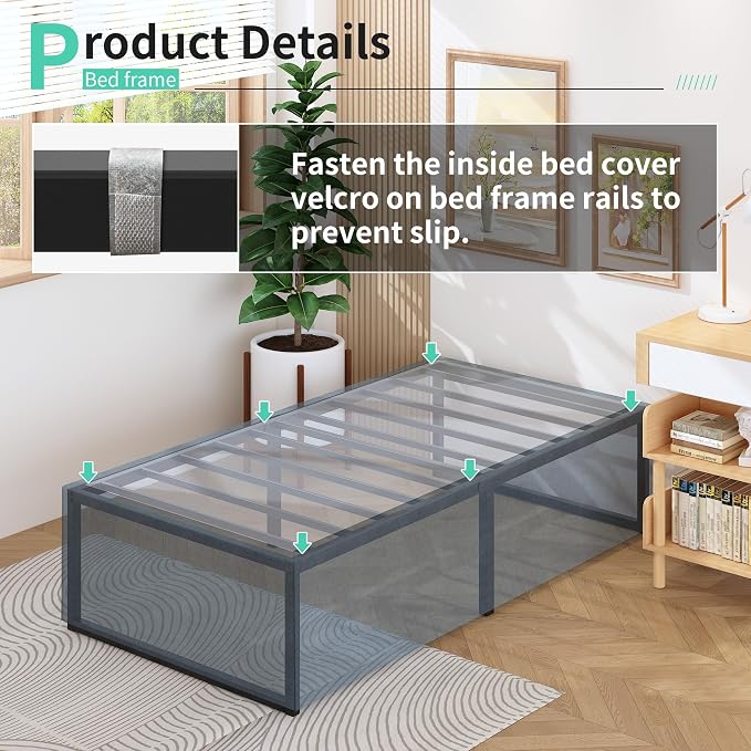 Lutown-Teen 18 Inch Twin Bed Frames with Cover Skirt, Heavy Duty Metal Twin Size Platform Bed Frame No Box Spring Needed, Noise Free, Easy Assembly, Black and Blue
