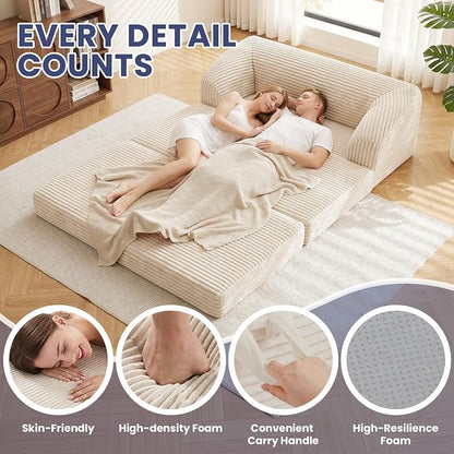 JUIKURY Convertible Sofa Bed, 3-in-1 Foldable Loveseat Couch with Armrest, Corduroy Floor Sofa & Sleeper Bed, No Assembly High-Density Foam Futon Mattress for Living Room, Small Apartment, Dorm