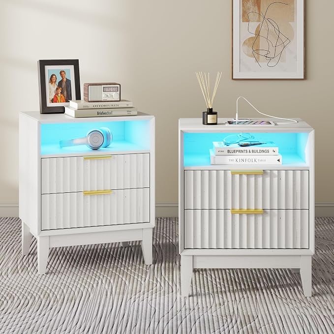 LVSOMT 20'W Fluted Nightstand Set of 2, Night Stand with Charging Station and LED Lights, RFID Lock Hidden Drawer, Mid Century Morden Bedside Table for Bedroom, 2 Drawers and Open Storage Cubby, White