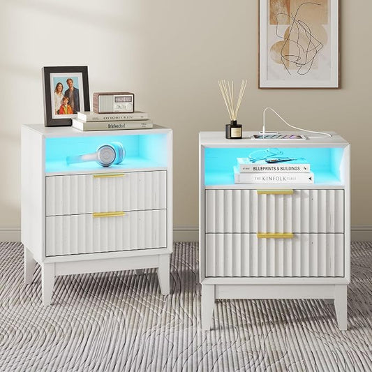LVSOMT 20'W Fluted Nightstand Set of 2, Night Stand with Charging Station and LED Lights, RFID Lock Hidden Drawer, Mid Century Morden Bedside Table for Bedroom, 2 Drawers and Open Storage Cubby, White