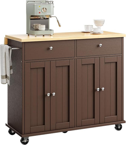 JY QAQA 39" Kitchen Island on Wheels with Storage Cabinet Kitchen Cart Cabinet with Shelves, Cart Handle for Towel Rack or Free Mobility, Portable Islands for Kitchen, Brown