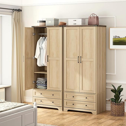Brafab Armoire Wardrobe Closet with 2 Modern Doors Set of 2, 71" Tall Freestanding Closet Wardrobe Cabinet with Drawers and Hanging Rail, Wooden Storage Cabinet with Shelve for Bedroom, Natural