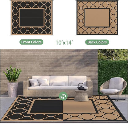 GENIMO 10 ' x 14 ' Outdoor Rug Waterproof for Patio Decor, Foldable Reversible Plastic Straw Area Rugs Mat for Camper, Outside Carpet for Rv, Deck, Porch, Picnic, Beach, Balcony, Black & Brown