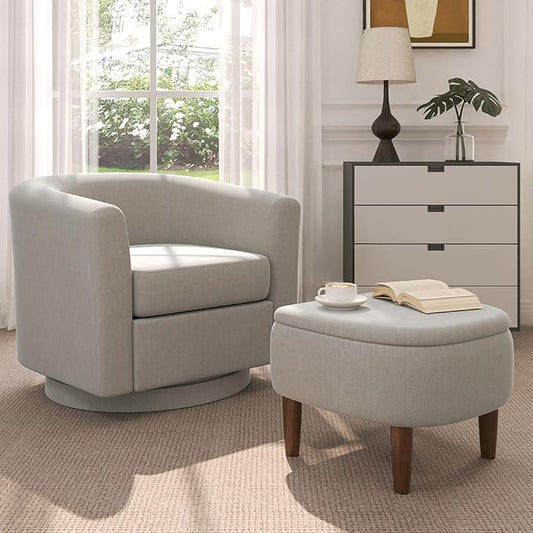 Swivel Accent Chair with Storage Ottoman, Modern Velvet Barrel Chair, Upholstered Armchair with Footrest for Living Room/Reading/Bedroom, 25.4'' D x 28.35'' W x 24.4'' H, White