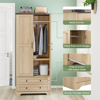 Yechen 71" Wooden Armoire Wardrobe Closet Set of 2- Modern Functional Clothes Tall Storage Cabinet with Adjustable Shelf and Hanging Rail, Sturdy Freestanding Closet with 2 Wide Drawers (Natural)