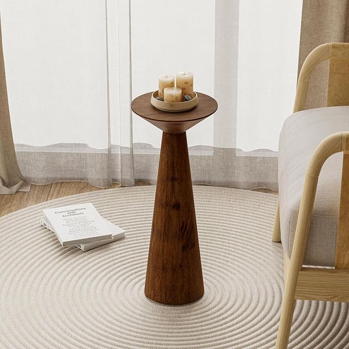 COZAYH 22.8” Tall Round Martini End Table, Walnut – Solid Pine Wood Pedestal Accent Drink Stand with Tapered Base – Farmhouse Modern Furniture for Living Room, Bedroom & Small Spaces