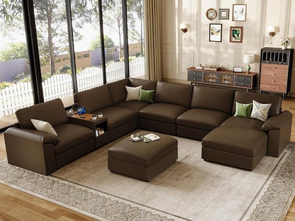 EASE MOOSE Faux Leather Sectional Couch with Console,Oversized Modular Sofa,Modern Comfy Modular Couch,Scratch Resistant Material Sofas,U Shaped Couch for Big Spaces,Deep Brown