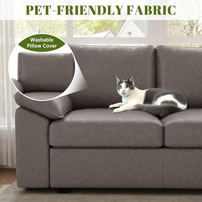 85 Inch Faux Leather Modular Sectional Sofa with Pull Out Bed, L Shaped 5 Seat Sectional Sleeper Sofa with Storage, Sectional Couches for Living Room, Cloud Modular Couch,Gray Leather